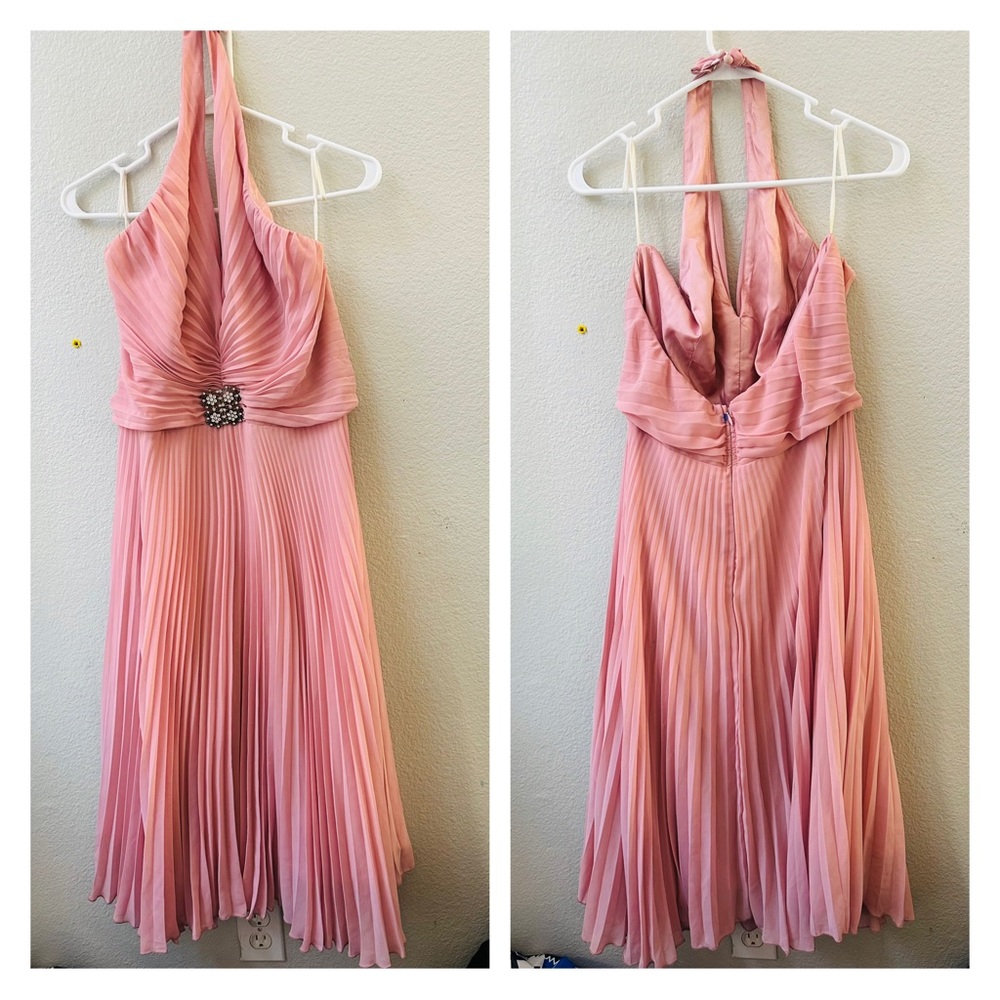 ASPEED pink pleated halterneck jewel cocktail prom dress womens XL